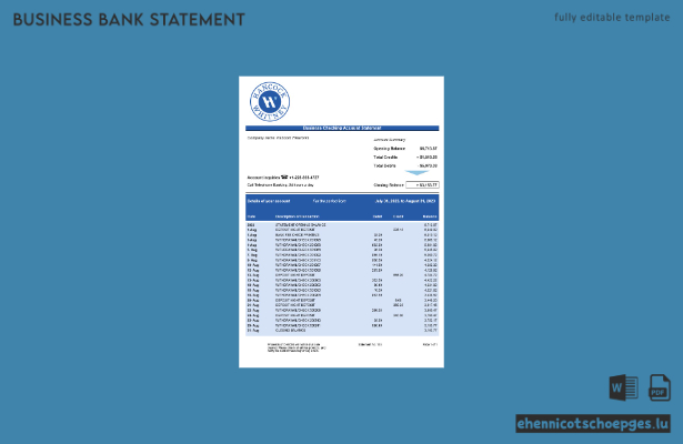 Hancock Whitney Bank Geschäftskontoauszug (Word- und PDF-Beispiel)